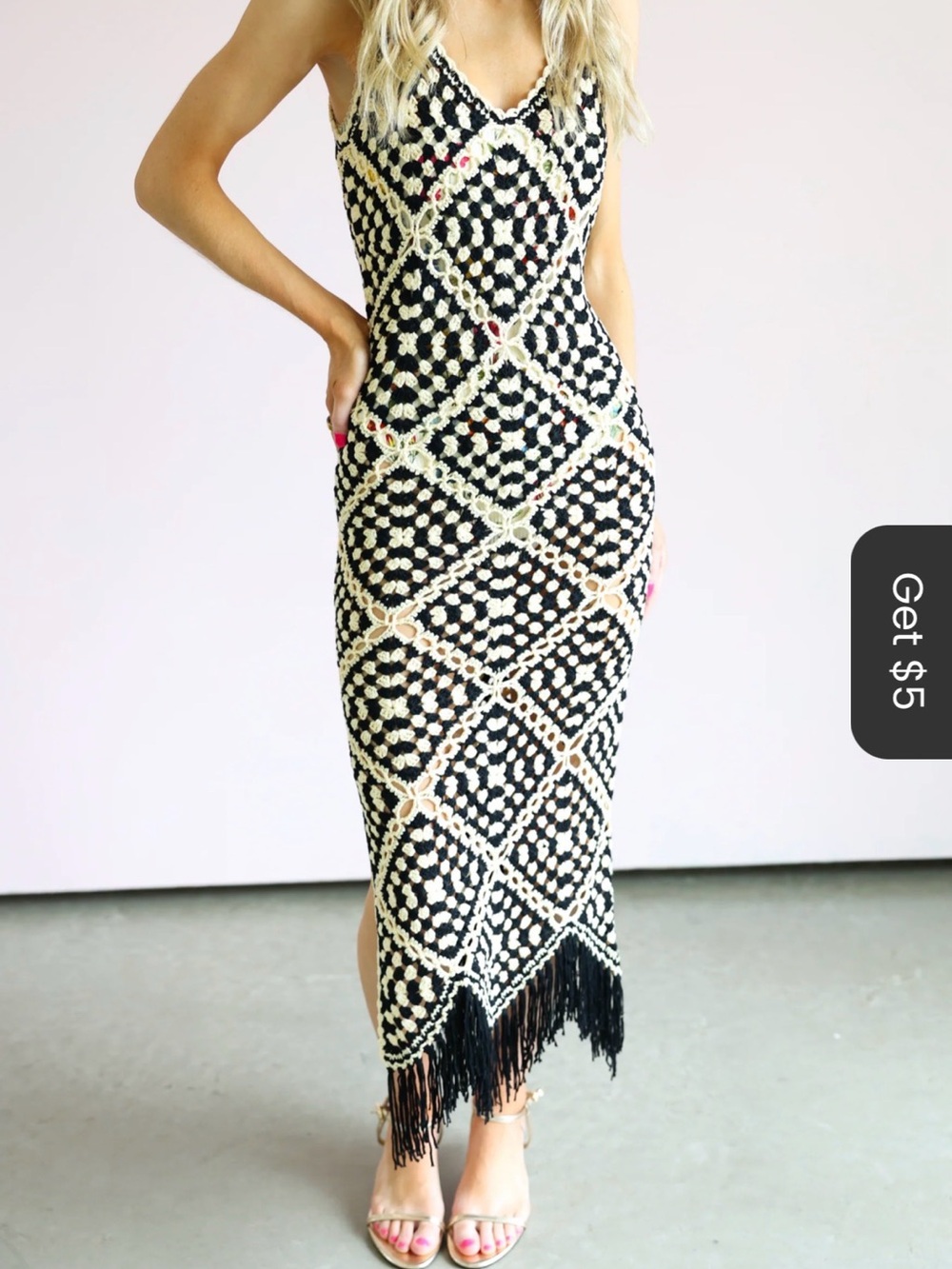 Elan NWOT Black & Cream Crochet Fringe Maxi Dress